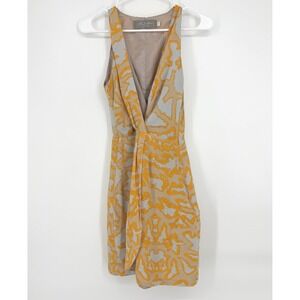 Hunter Dixon New York Orange Grey‎ Abstract Silk V-Neck Dress Size 2